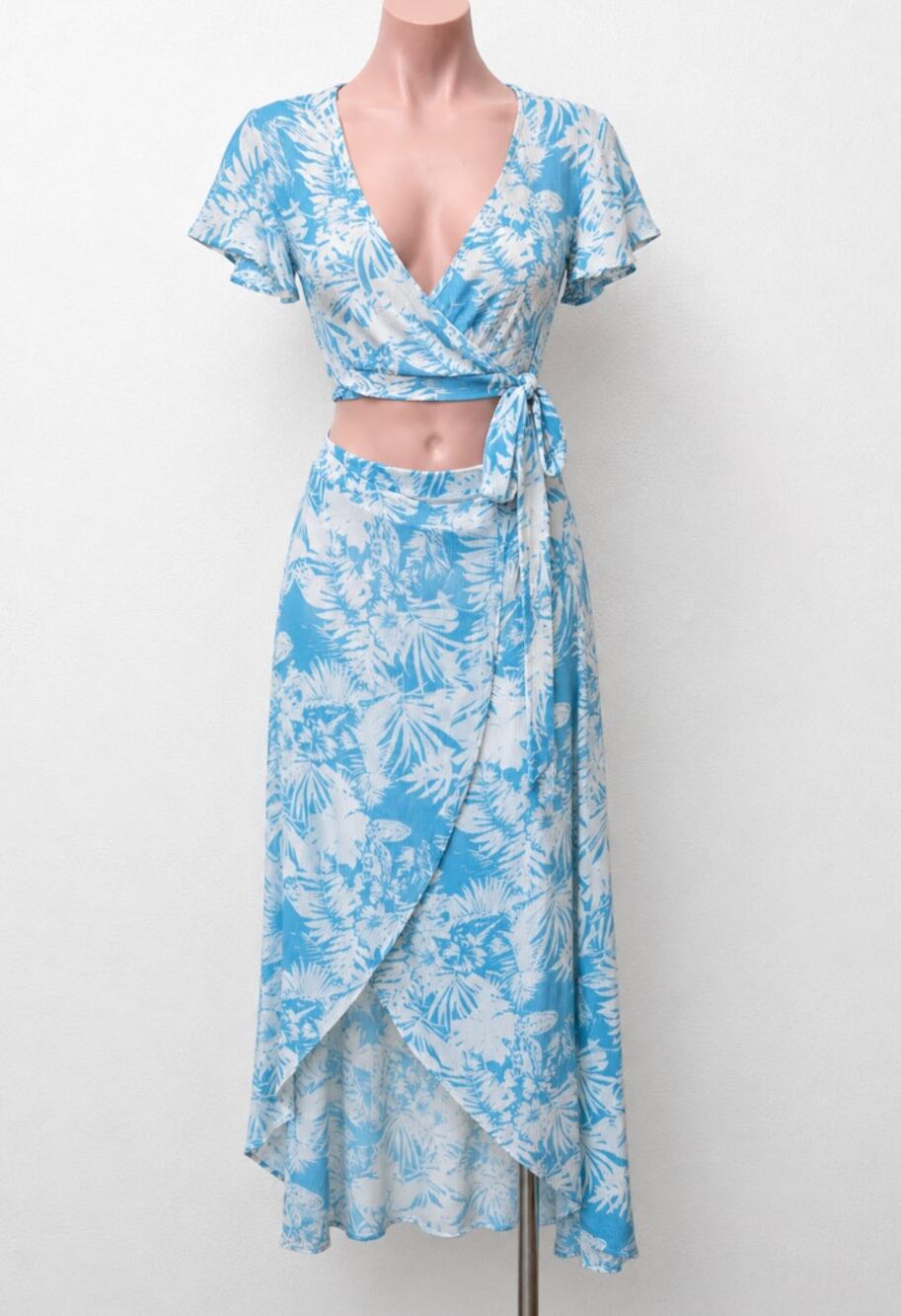 Sugarcloth SET Ivory Blue Floral Crop Top & Faux Wrap Skirt S